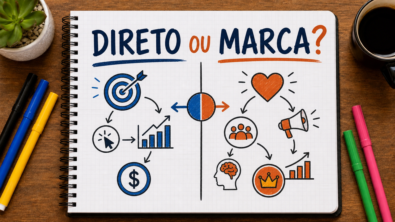Diagrama conceitual sobre marketing direto e marketing de marca aplicado à estratégia empresarial