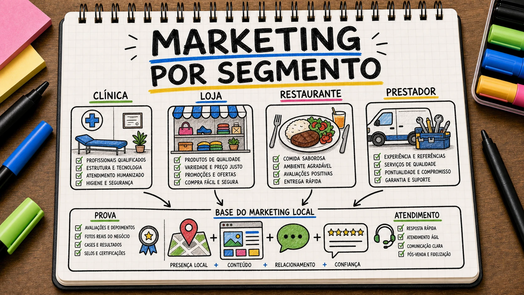 Caderno comparando marketing digital local para clínicas, lojas e prestadores