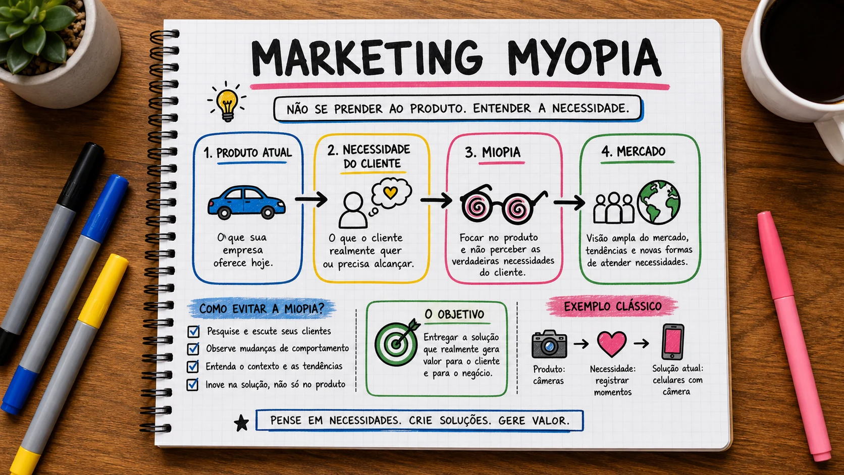Marketing Myopia Theodore Levitt em uma cena editorial sobre decisão, mensagem e comportamento de compra.