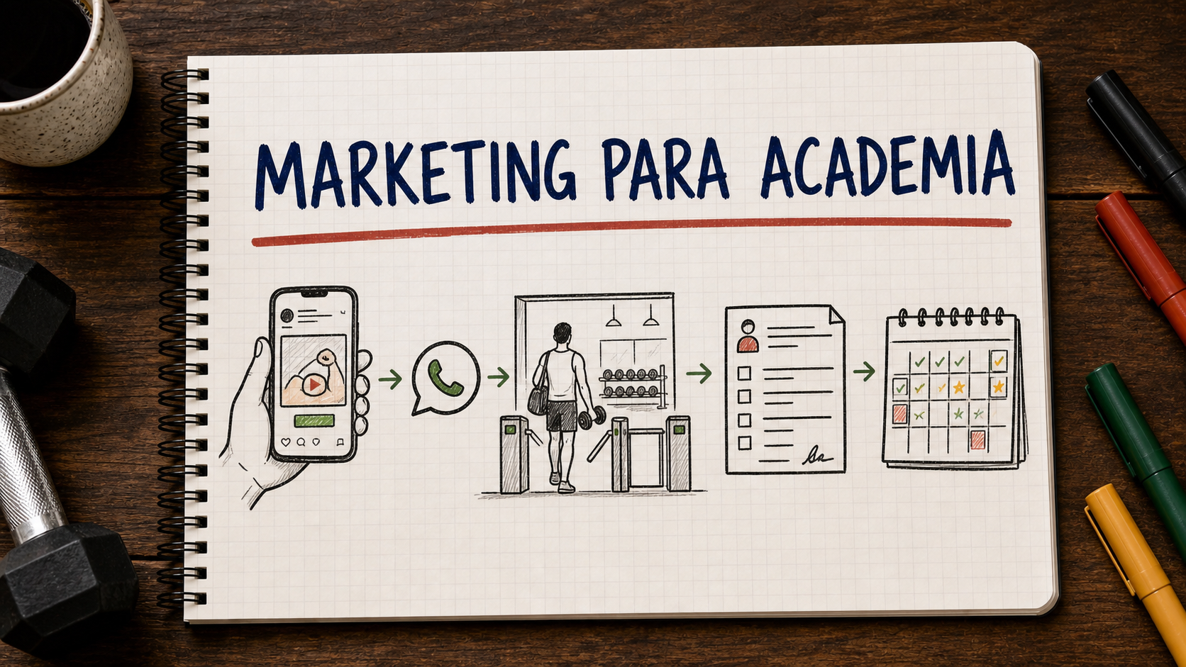 Caderno com guia visual sobre marketing para academia para gestores de academias