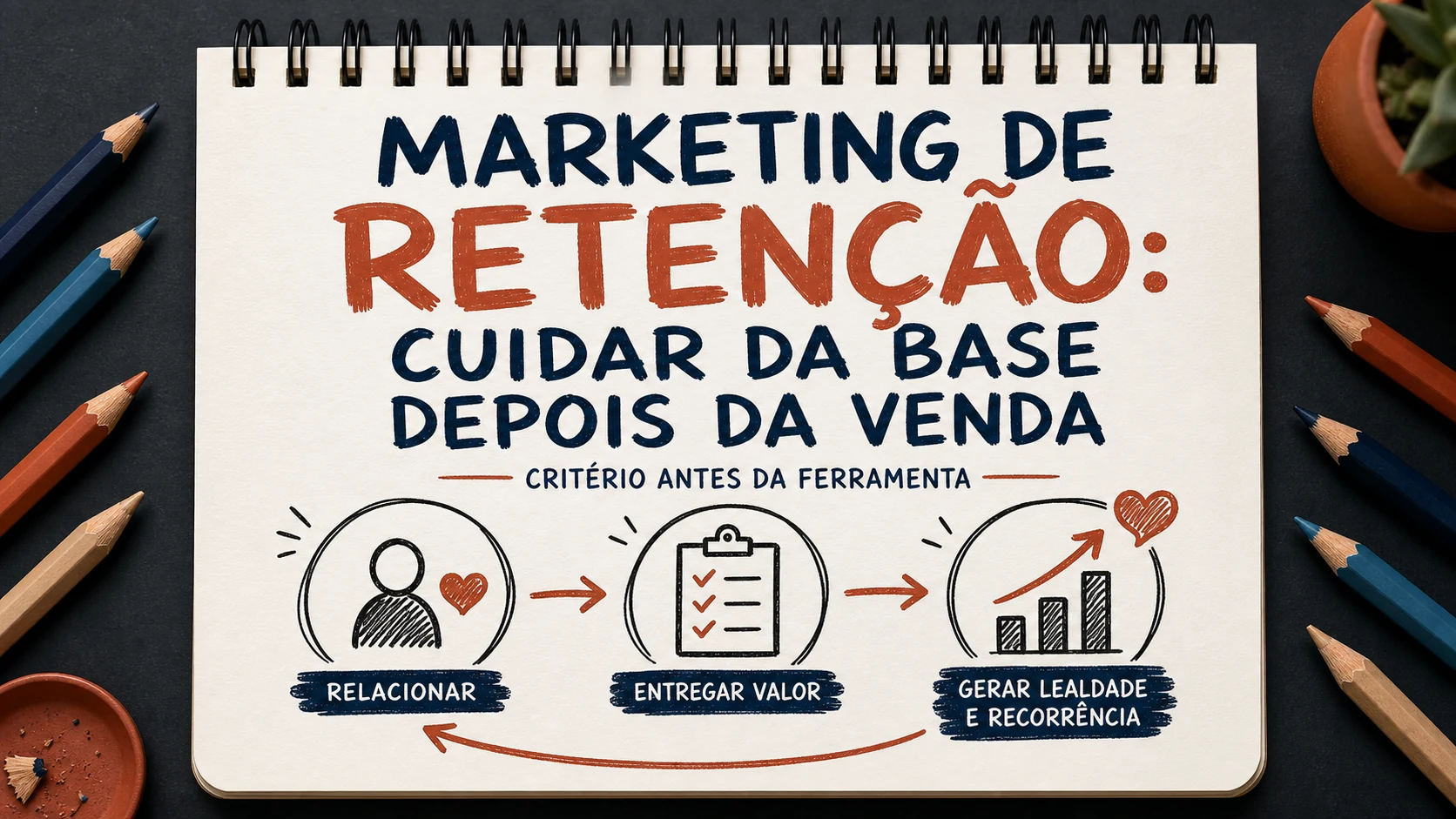 Marketing de retenção organizado em uma capa editorial com critérios, canais e próximos passos.