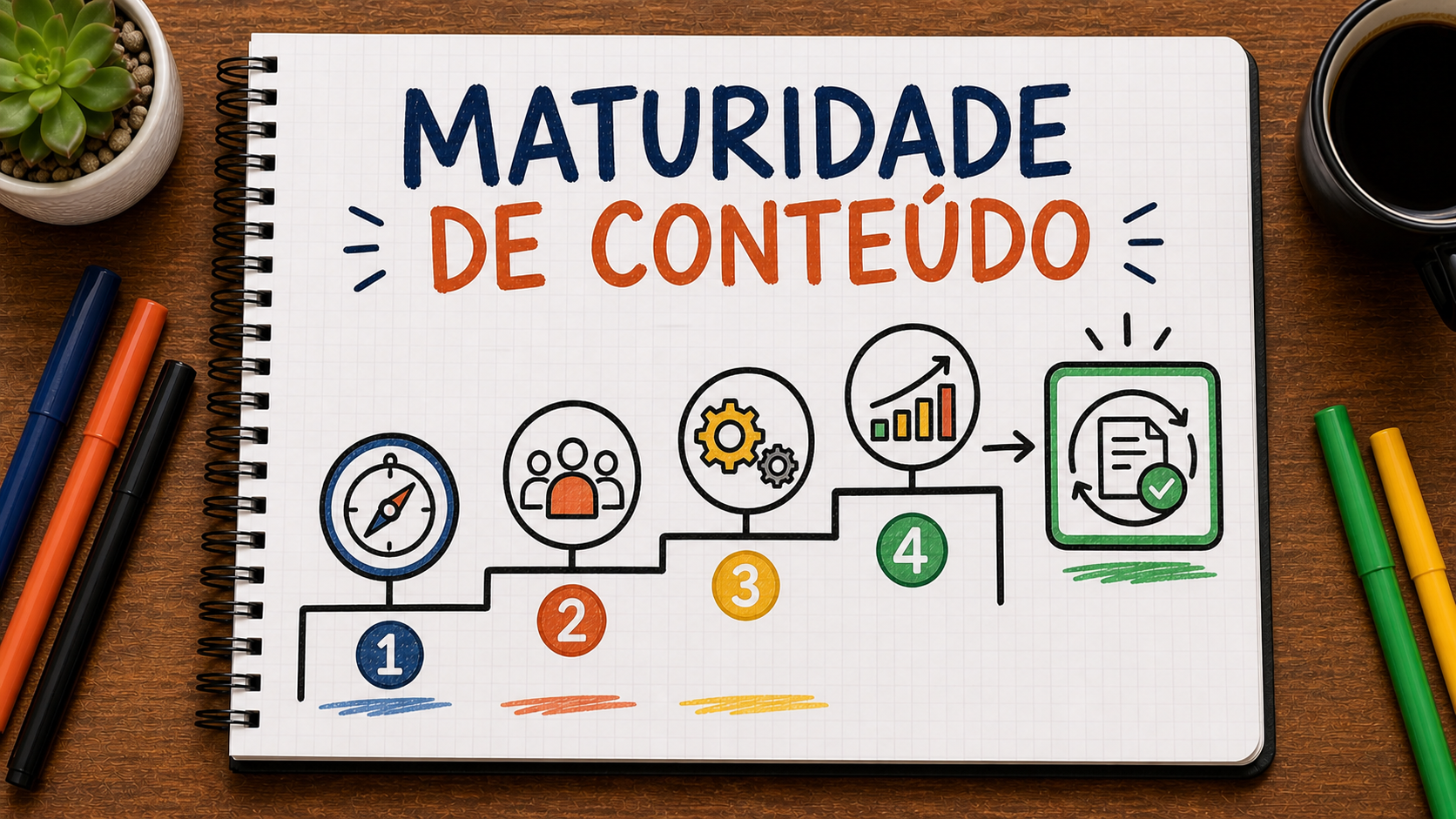 Caderno ilustrado sobre maturidade da operação de conteúdo, mostrando estratégia, pessoas, processo, dados