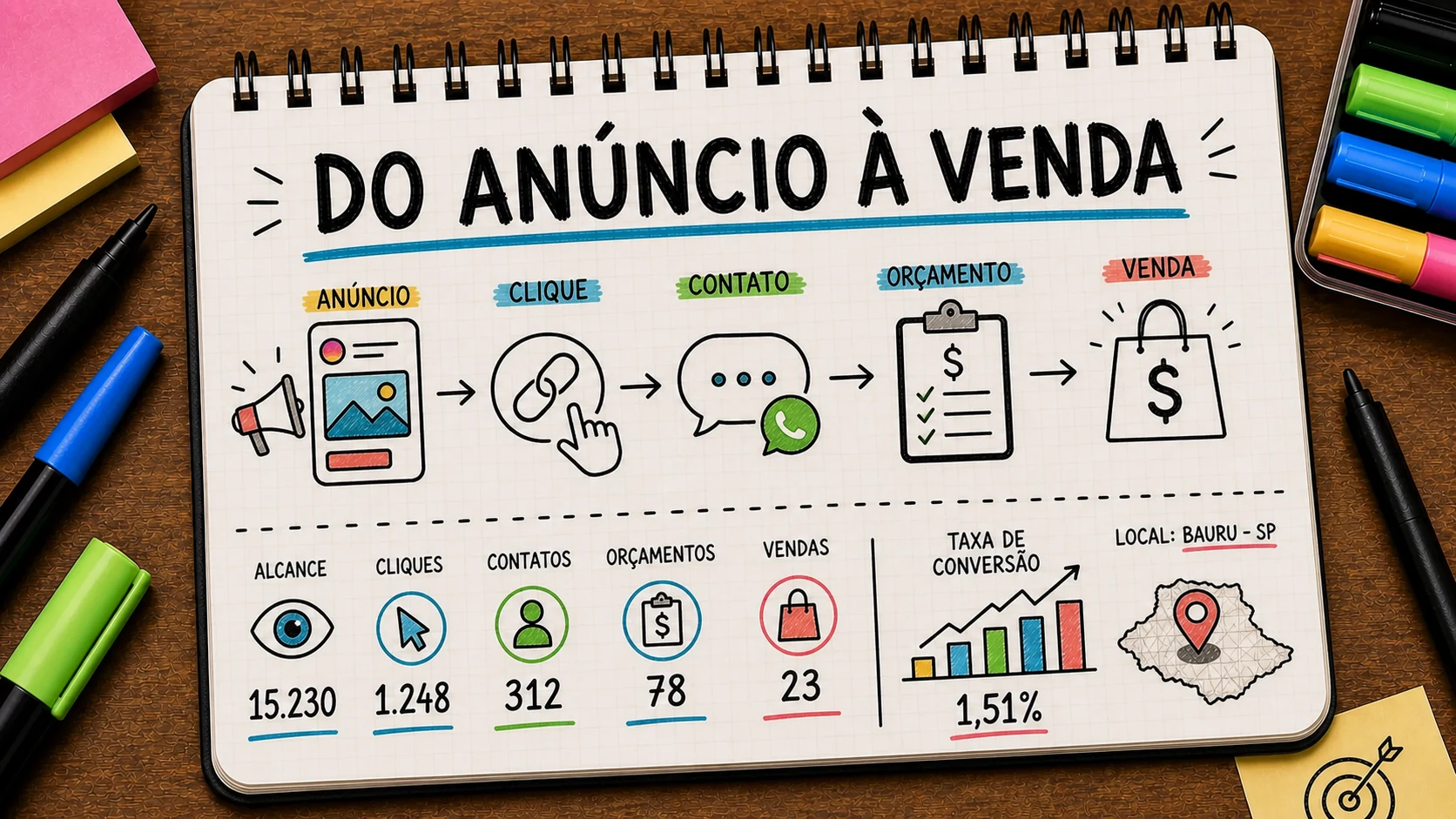 Caderno ilustrado sobre como medir anúncios no Instagram, com etapas de campanha, atendimento e venda