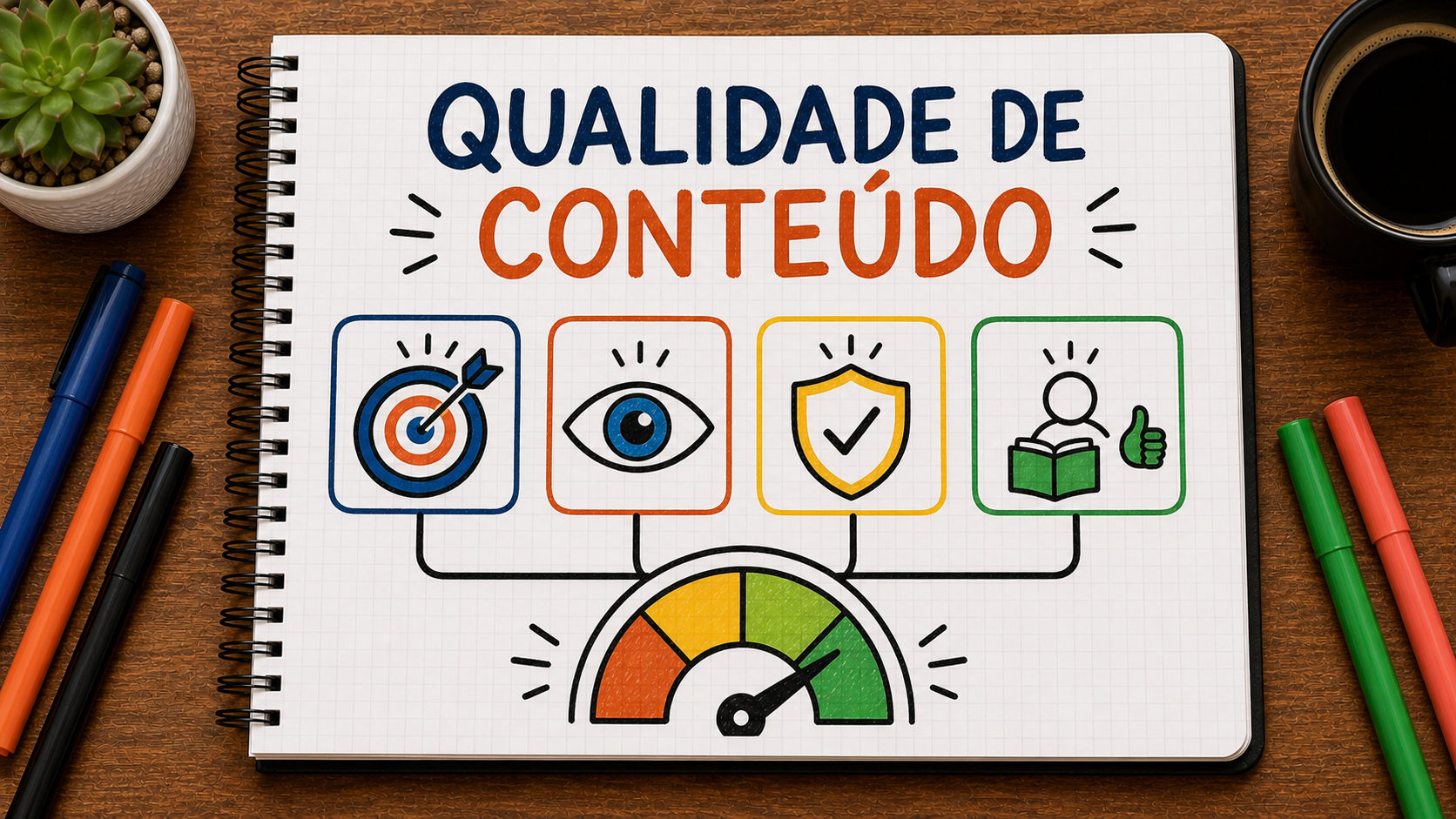Caderno ilustrado sobre medir qualidade de conteúdo, mostrando função, clareza, precisão, uso