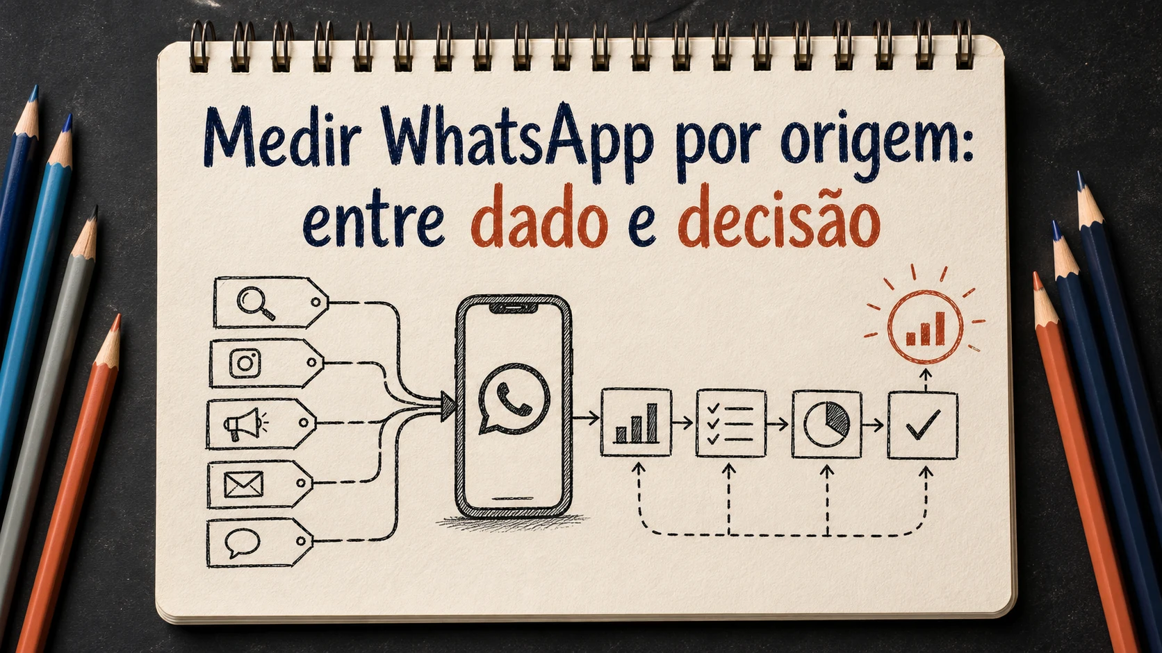 Medir WhatsApp por origem em uma cena editorial sobre diagnóstico, escolha e próximos passos.