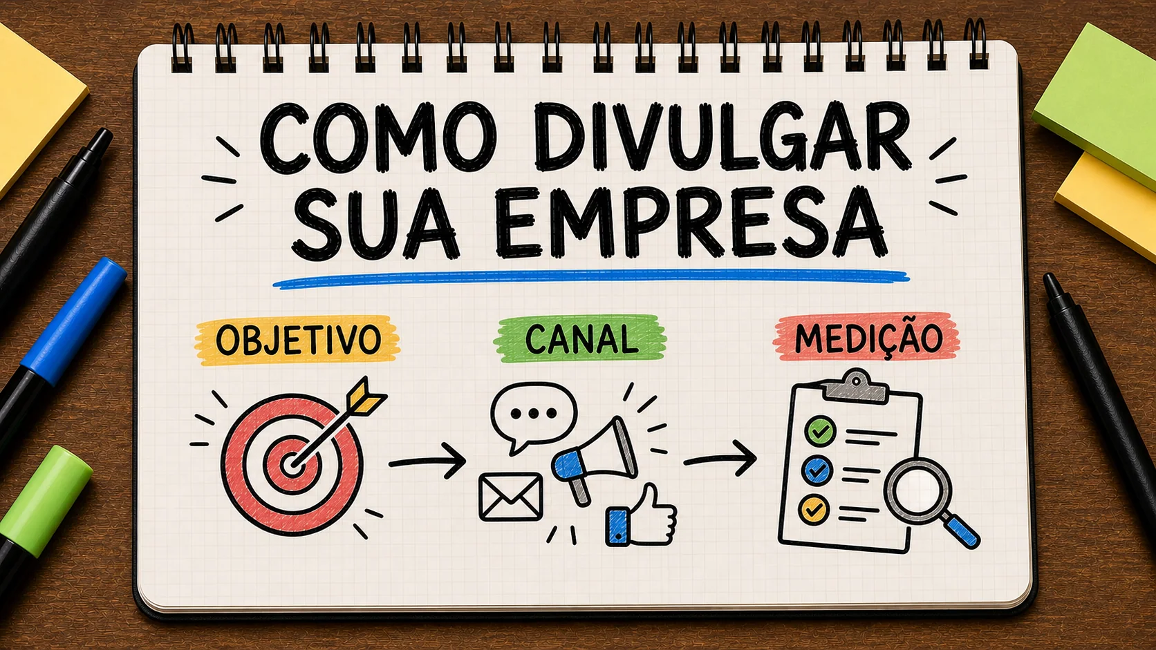 melhor forma de divulgar uma empresa representado como caminho entre anúncio, contato e