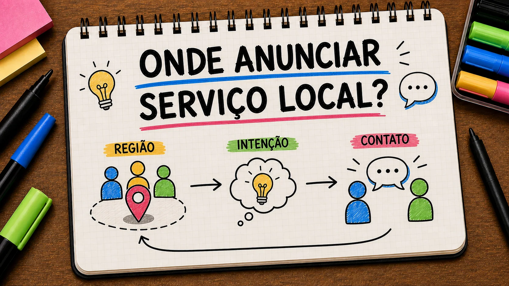 melhor lugar para anunciar serviço local representado como caminho entre anúncio, contato e