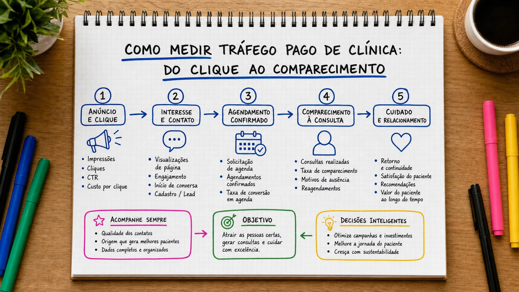 Infográfico sobre mensuração de tráfego pago para clínica aplicado a clínicas médicas.