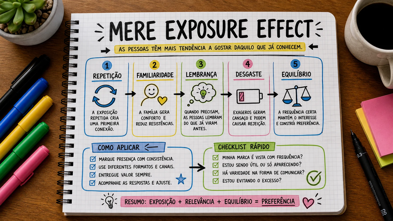 Mere exposure effect marketing em uma cena editorial sobre decisão, mensagem e comportamento de compra.