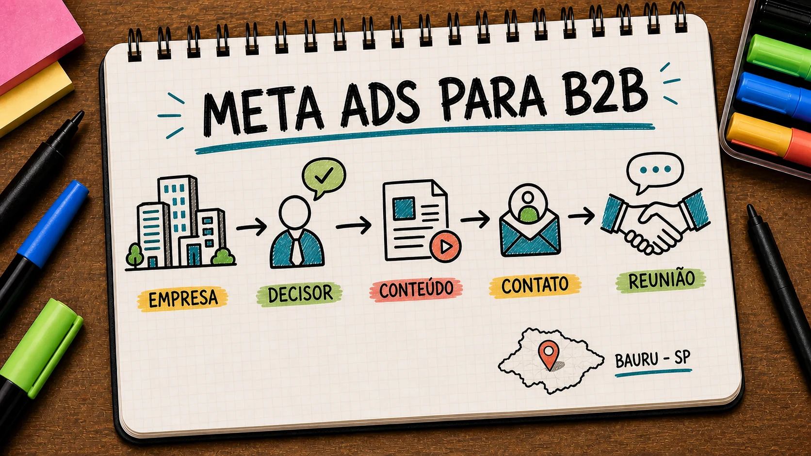 Caderno ilustrado sobre Meta Ads para B2B, com etapas de campanha, atendimento e venda