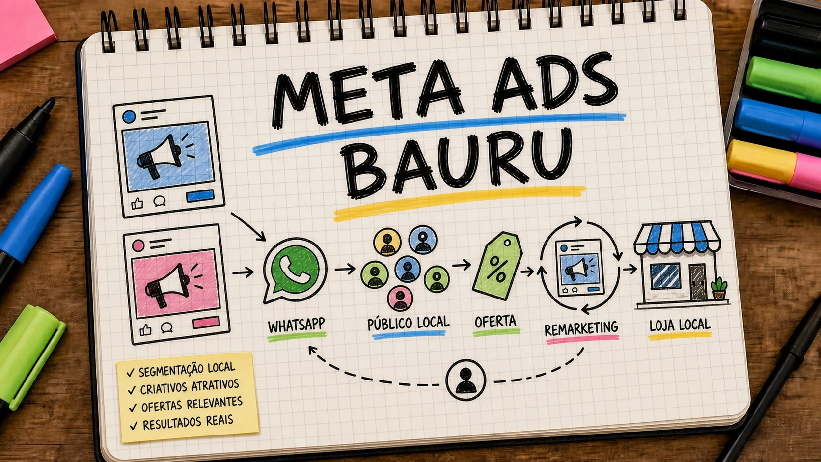 Meta Ads em Bauru conectando Instagram, Facebook, WhatsApp e remarketing local