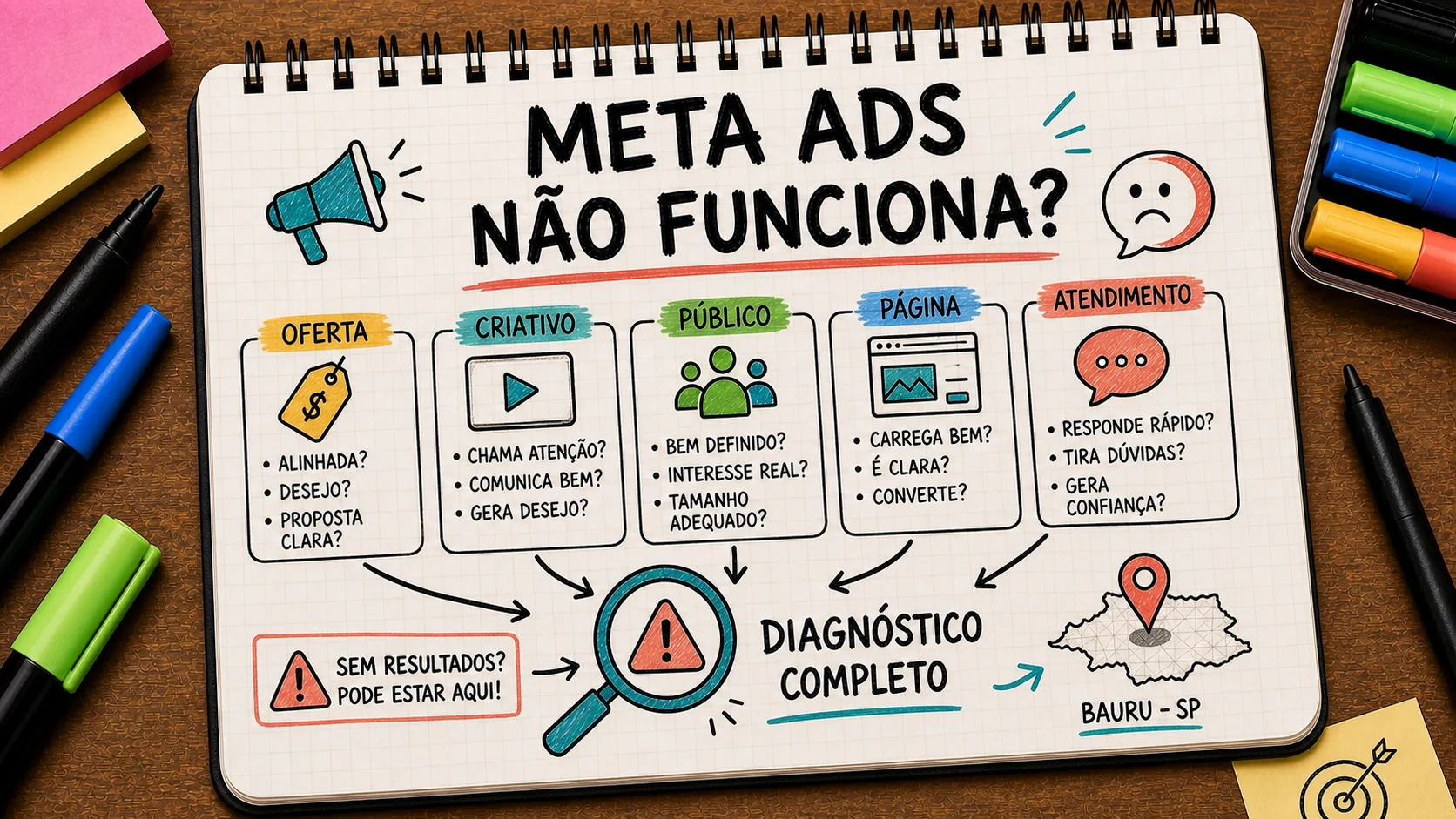Caderno ilustrado sobre Meta Ads não funciona, com etapas de campanha, atendimento e venda