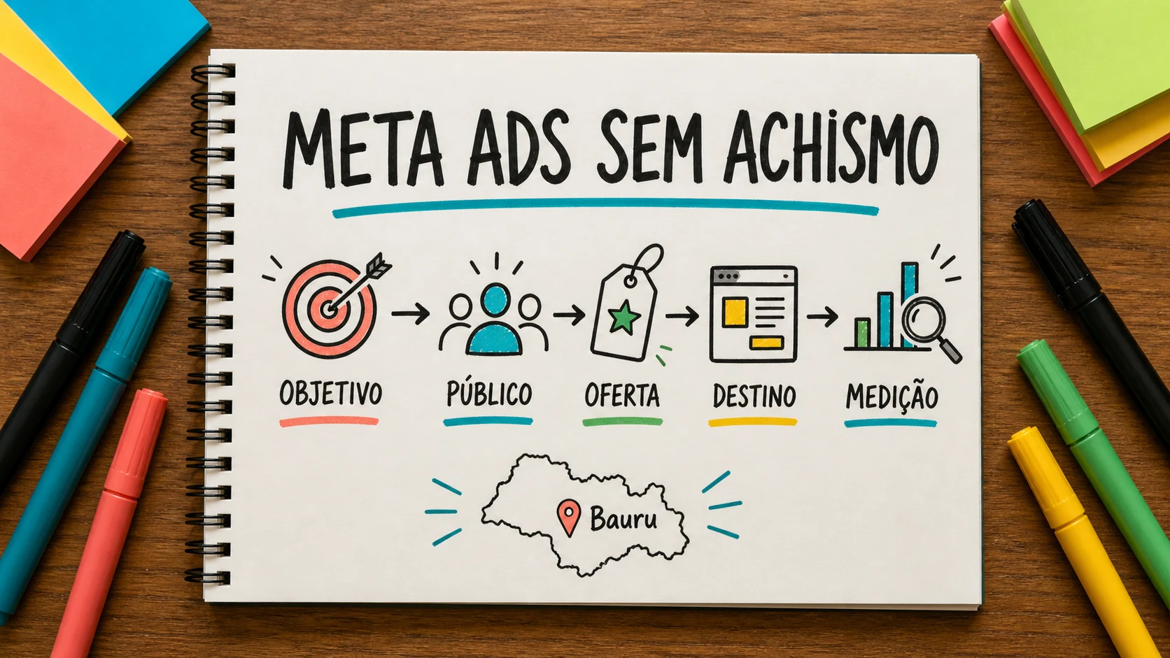 Caderno ilustrado sobre Meta Ads, com etapas de campanha, atendimento e venda