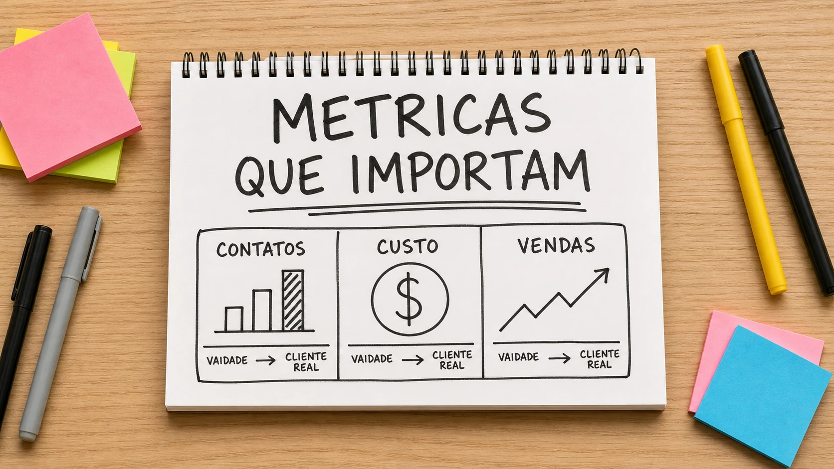 Caderno com painel simples de metricas de anuncios e clientes