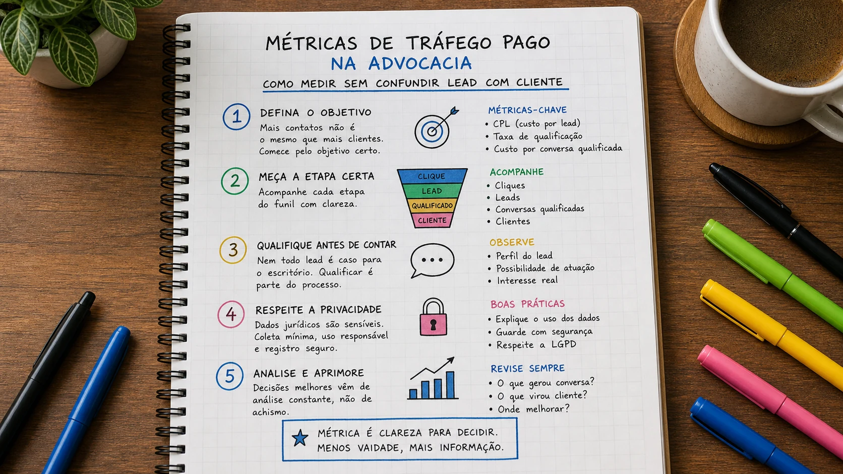 Infográfico sobre métricas tráfego pago advocacia aplicado a escritórios de advocacia.