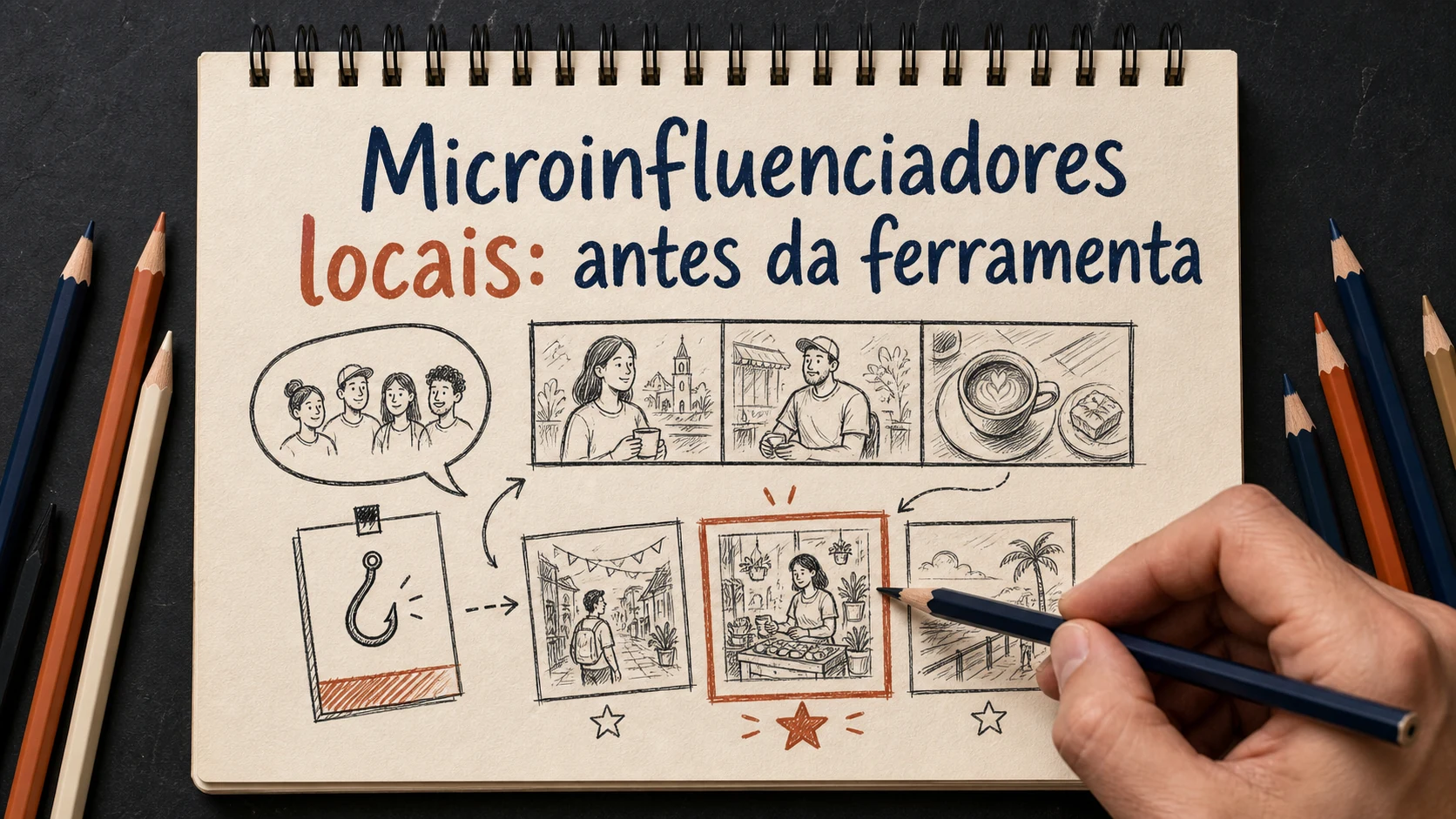 Microinfluenciadores locais em uma cena editorial sobre diagnóstico, escolha e próximos passos.