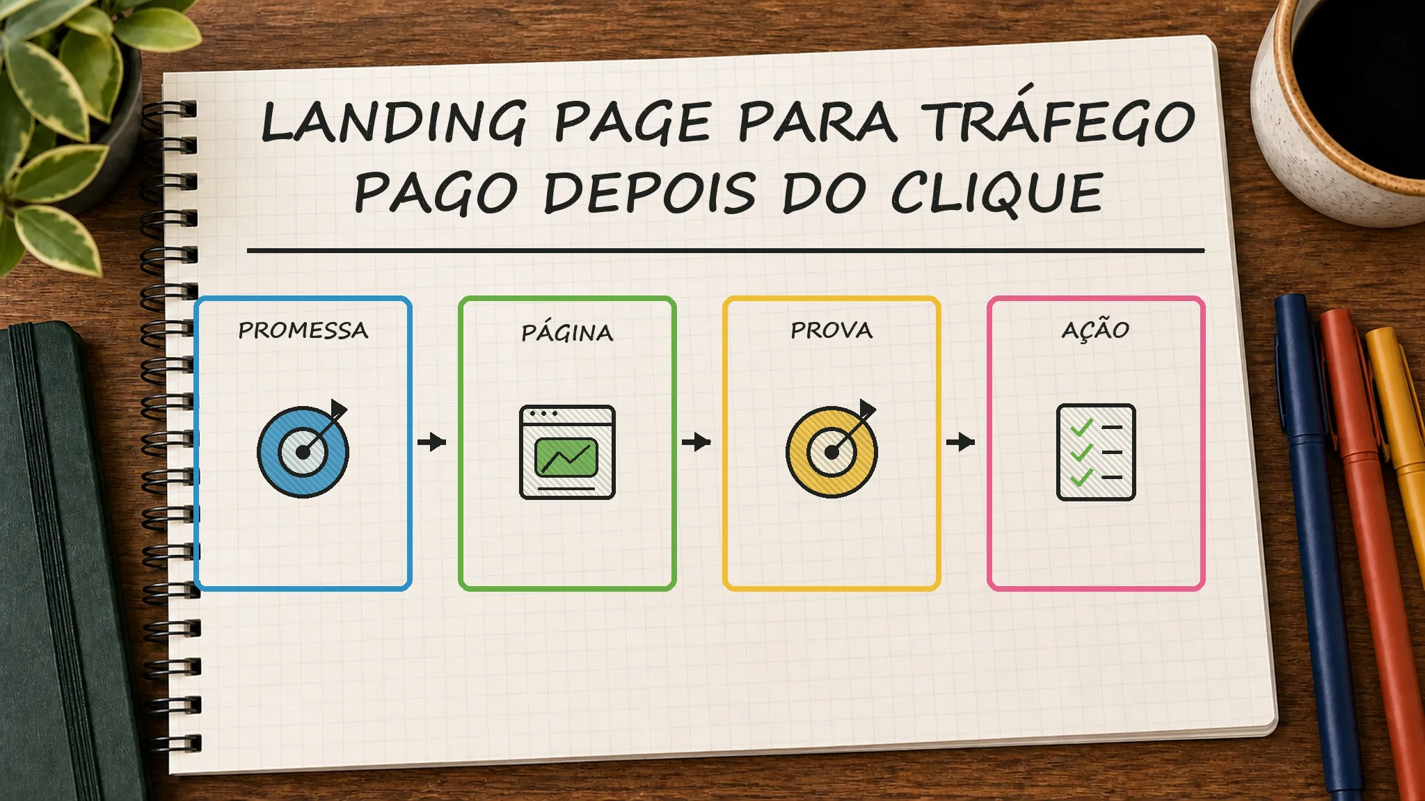 Caderno ilustrado sobre landing page para tráfego pago, mostrando promessa, página, prova, ação