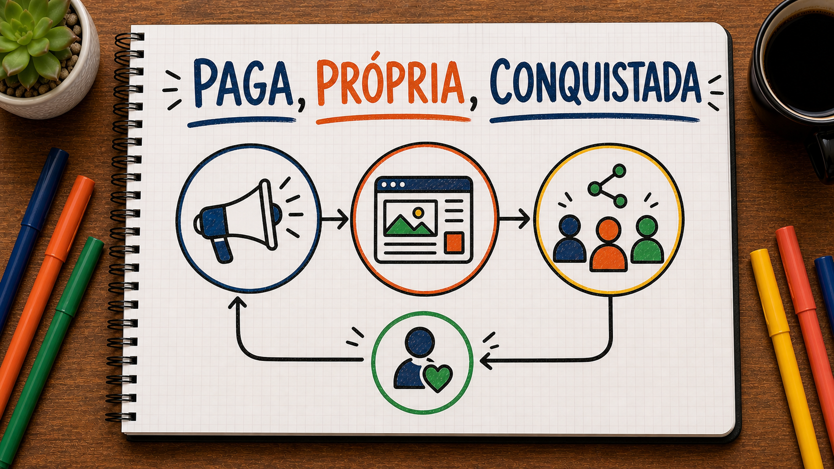 Caderno ilustrado sobre mídia paga, própria e conquistada, mostrando paga, própria, conquistada, continuidade