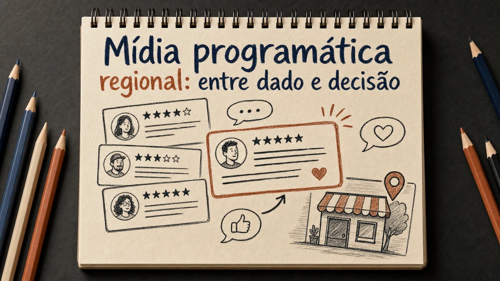 Mídia programática regional em uma cena editorial sobre diagnóstico, escolha e próximos passos.