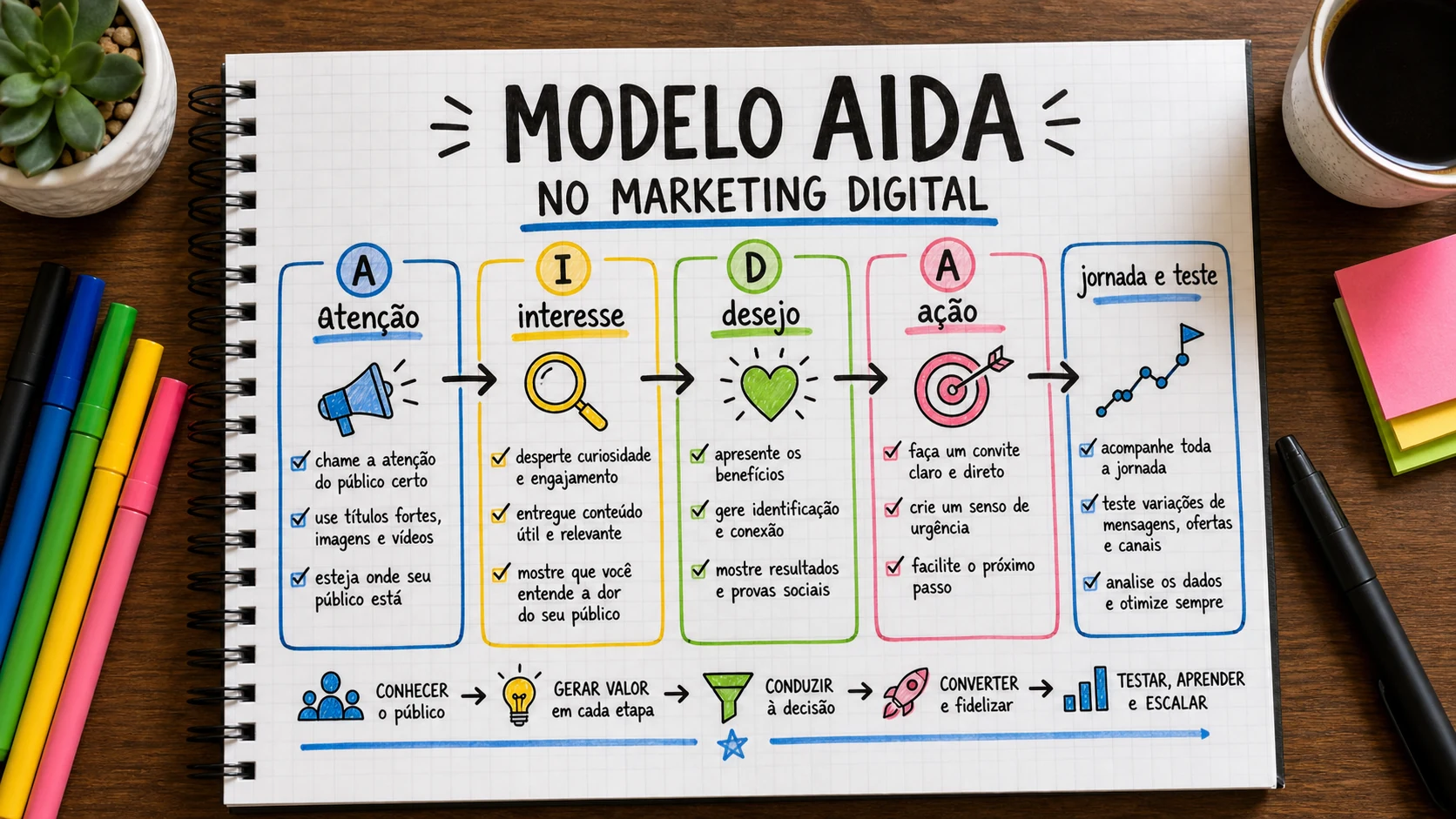 Modelo AIDA marketing digital em uma cena editorial sobre decisão, mensagem e comportamento de compra.