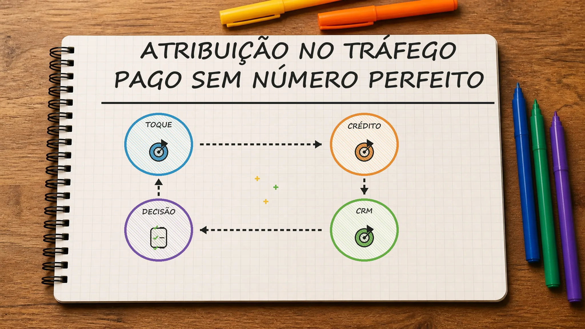 Caderno ilustrado sobre atribuição tráfego pago, mostrando toque, crédito, crm, decisão