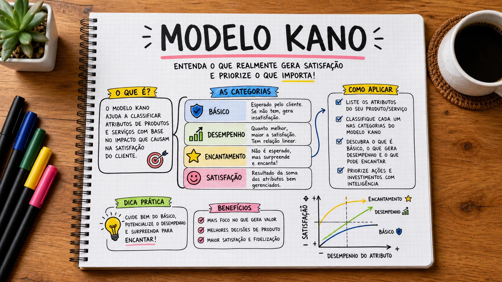 Modelo Kano marketing em uma cena editorial sobre decisão, mensagem e comportamento de compra.