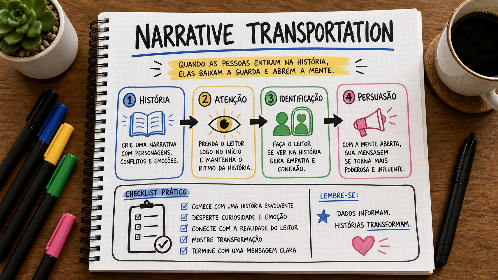 Narrative transportation marketing em uma cena editorial sobre decisão, mensagem e comportamento de compra.