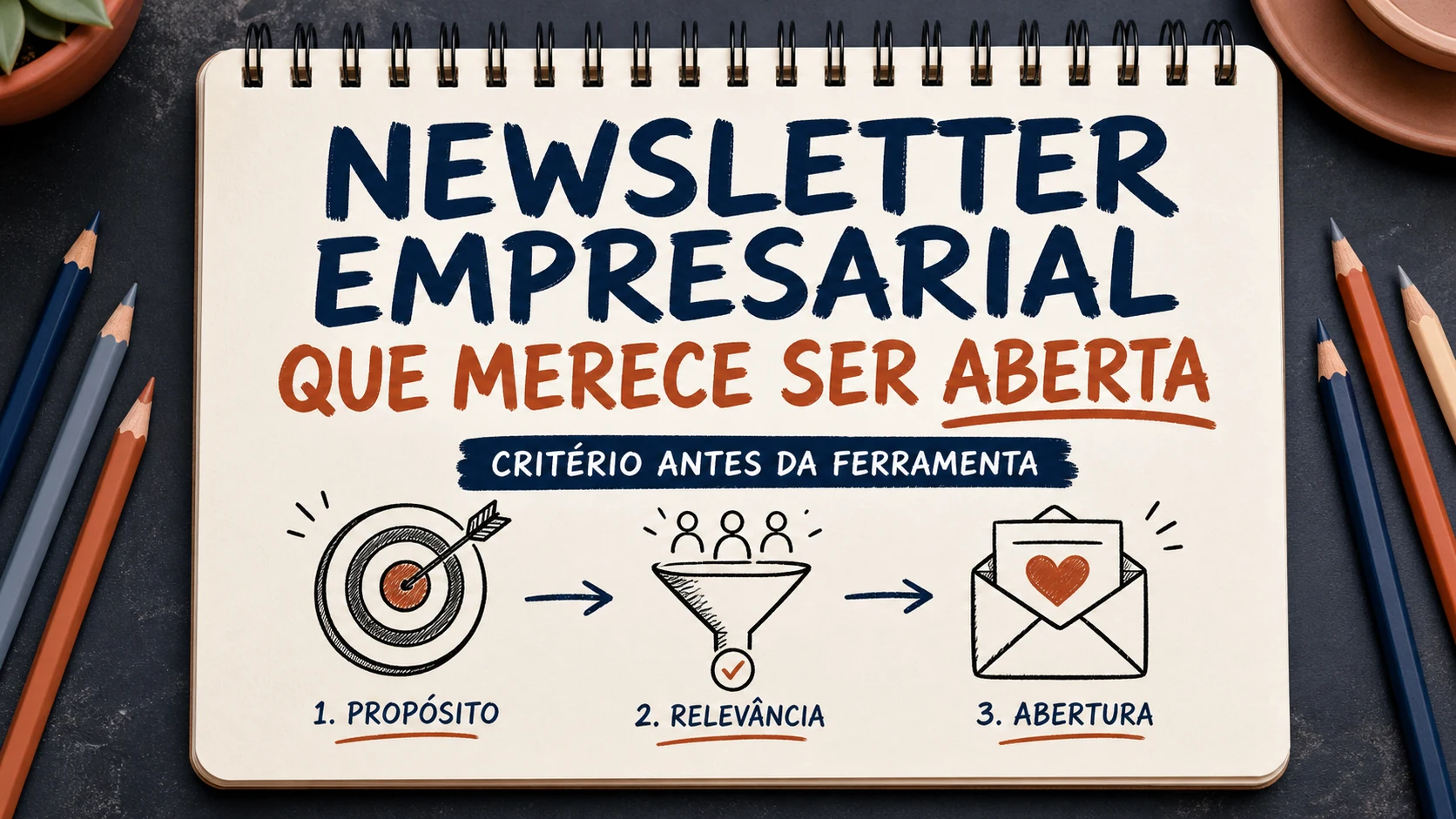 Newsletter empresarial organizado em uma capa editorial com critérios, canais e próximos passos.