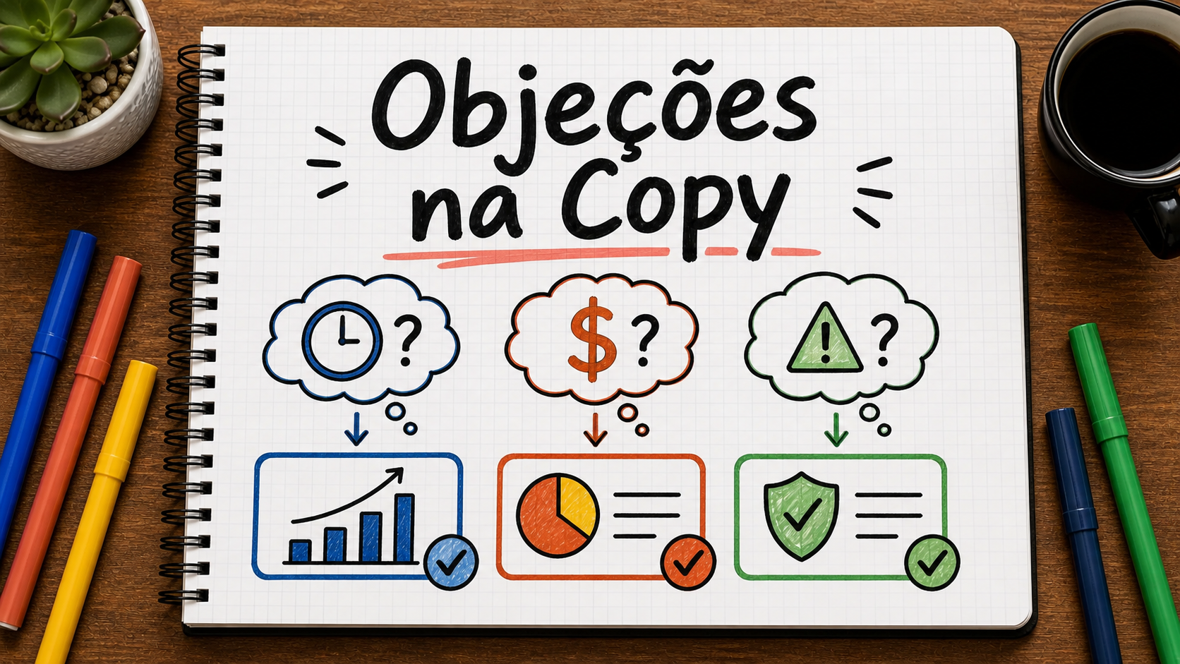 Ilustração em caderno sobre objeções no copywriting, com setas, blocos e anotações de estratégia de comunicação