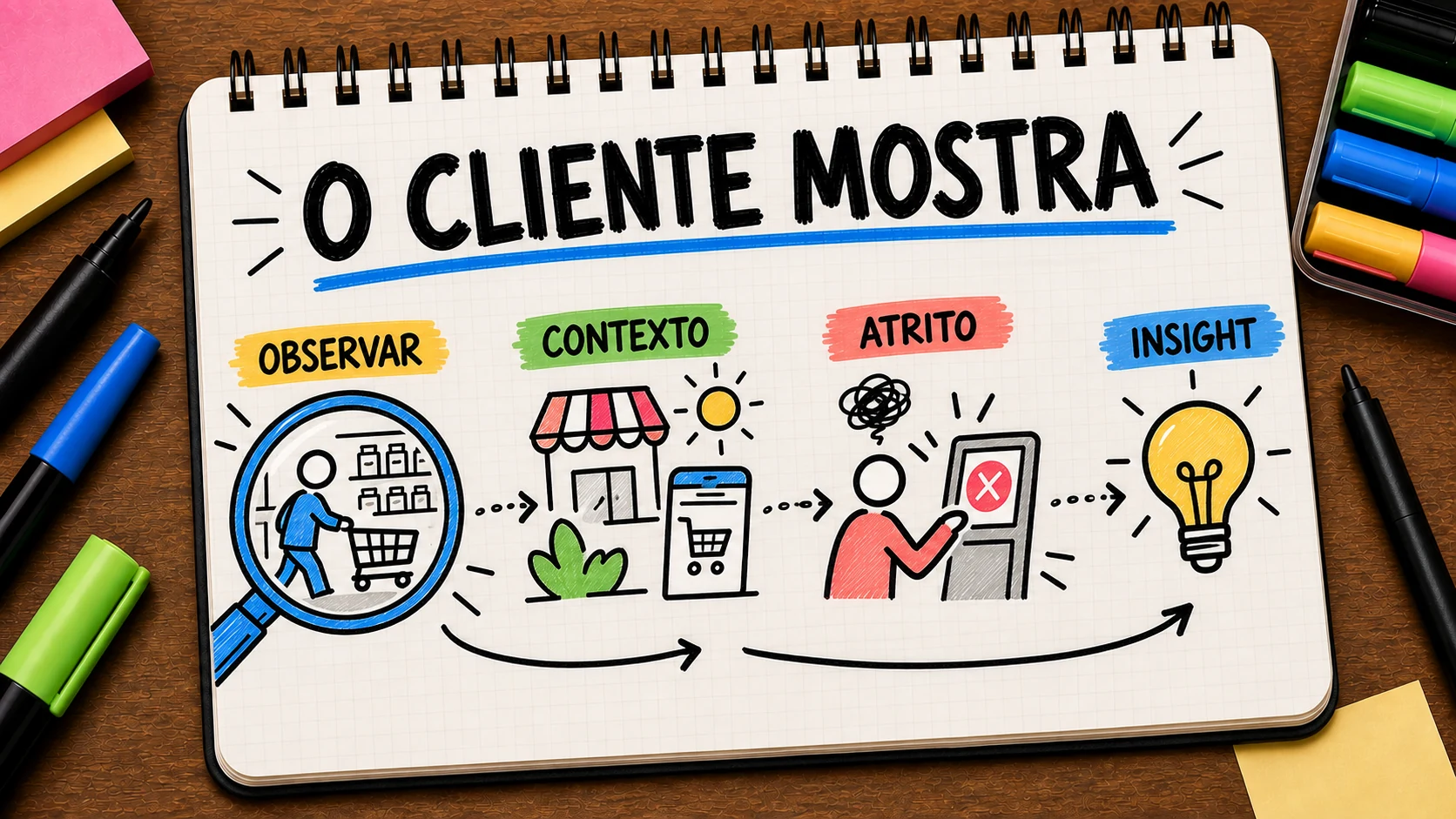 Observação empática do cliente identificando contexto, atrito, comportamento e insight