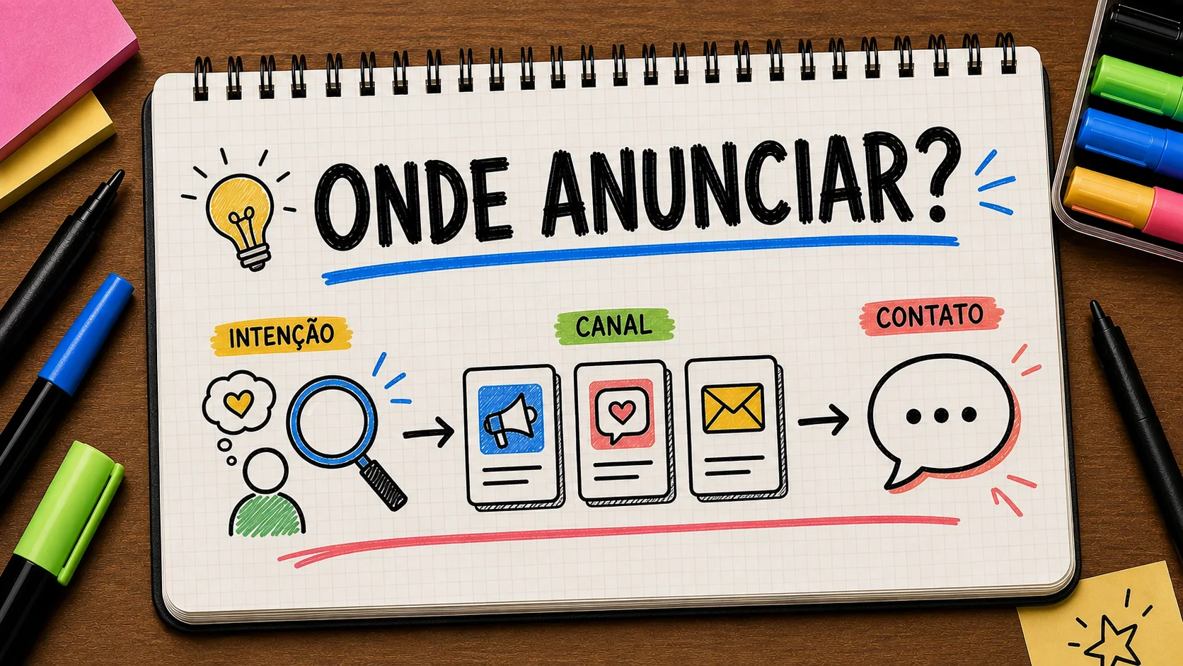 Caderno em estilo sketchnote mostrando como escolher onde anunciar uma empresa