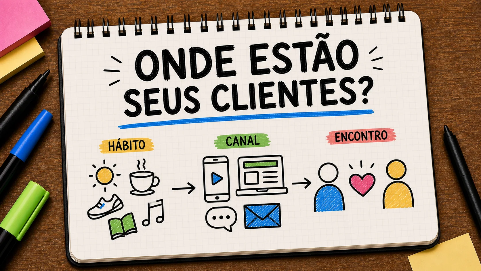 onde encontrar meus clientes na internet representado como caminho entre anúncio, contato e
