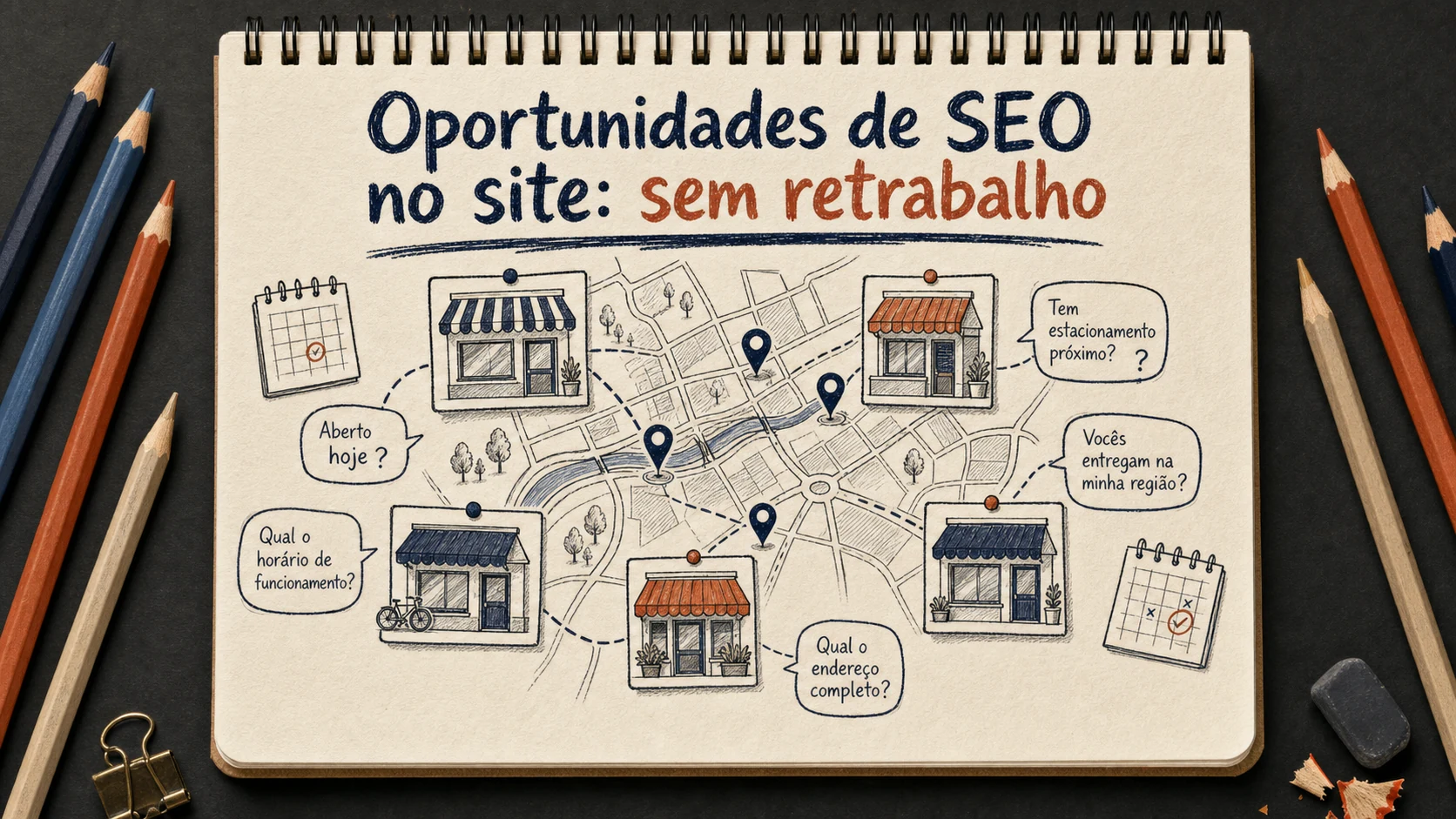 Oportunidades de SEO no site em uma cena editorial sobre diagnóstico, escolha e próximos passos.