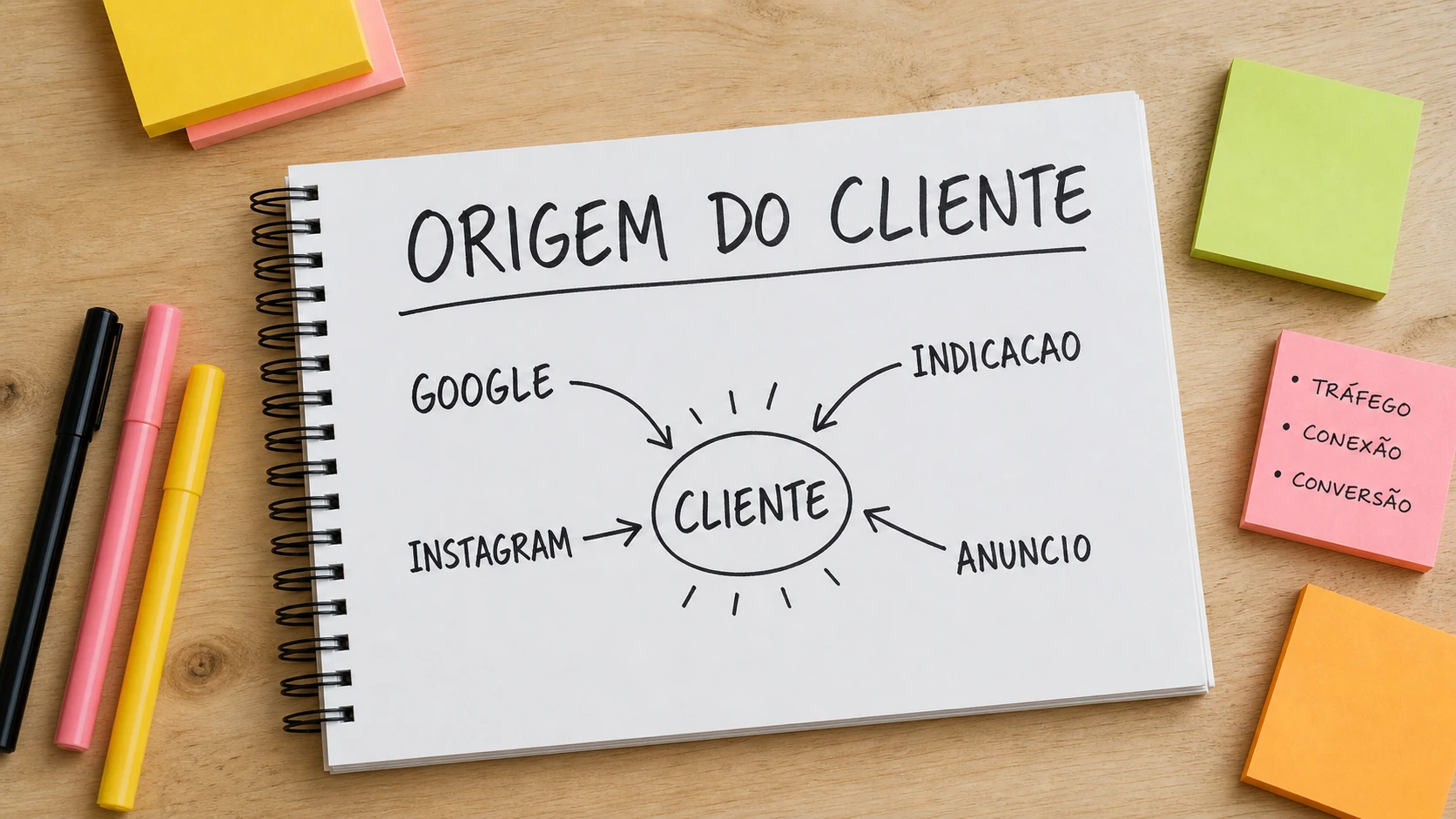 Caderno com funil desenhado para origem de clientes em campanhas