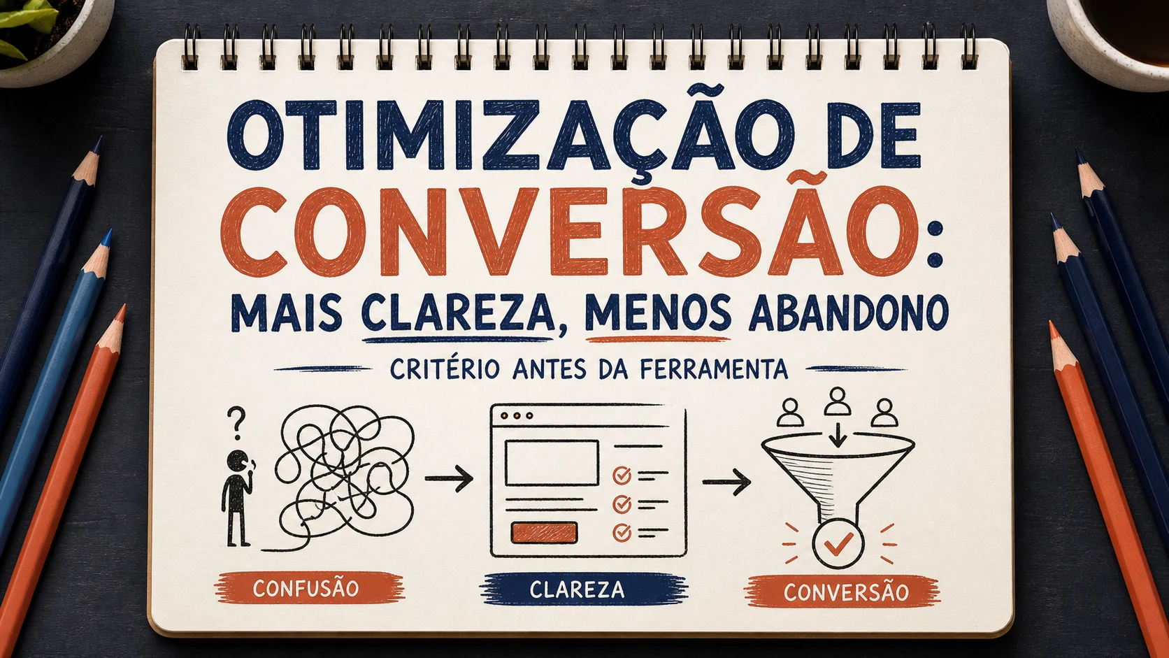 Otimização de conversão organizado em uma capa editorial com critérios, canais e próximos passos.