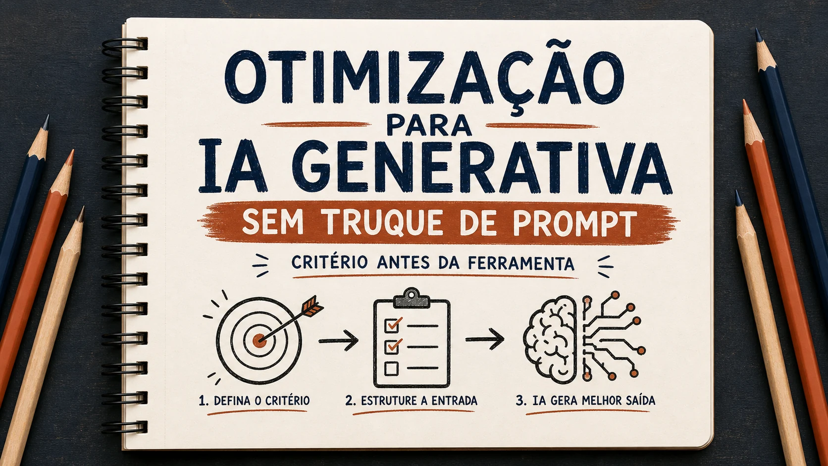 Otimização para IA generativa organizado em uma capa editorial com critérios, canais e próximos passos.