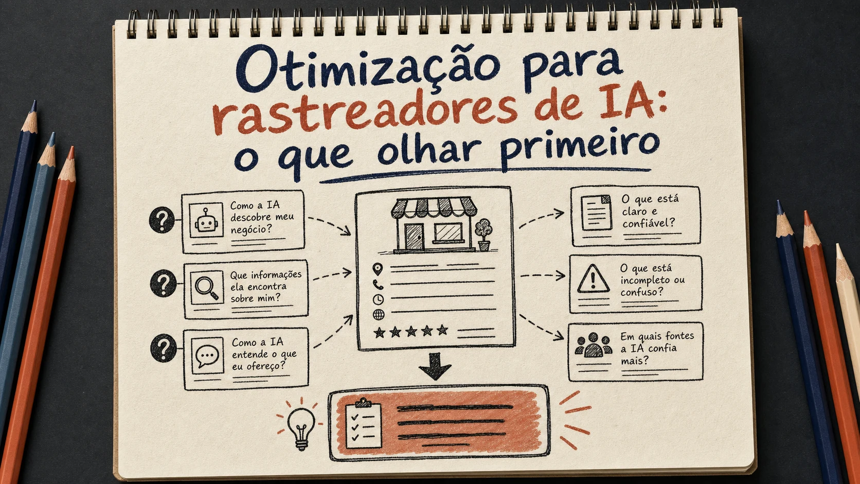 Otimização para rastreadores de IA em uma cena editorial sobre diagnóstico, escolha e próximos passos.