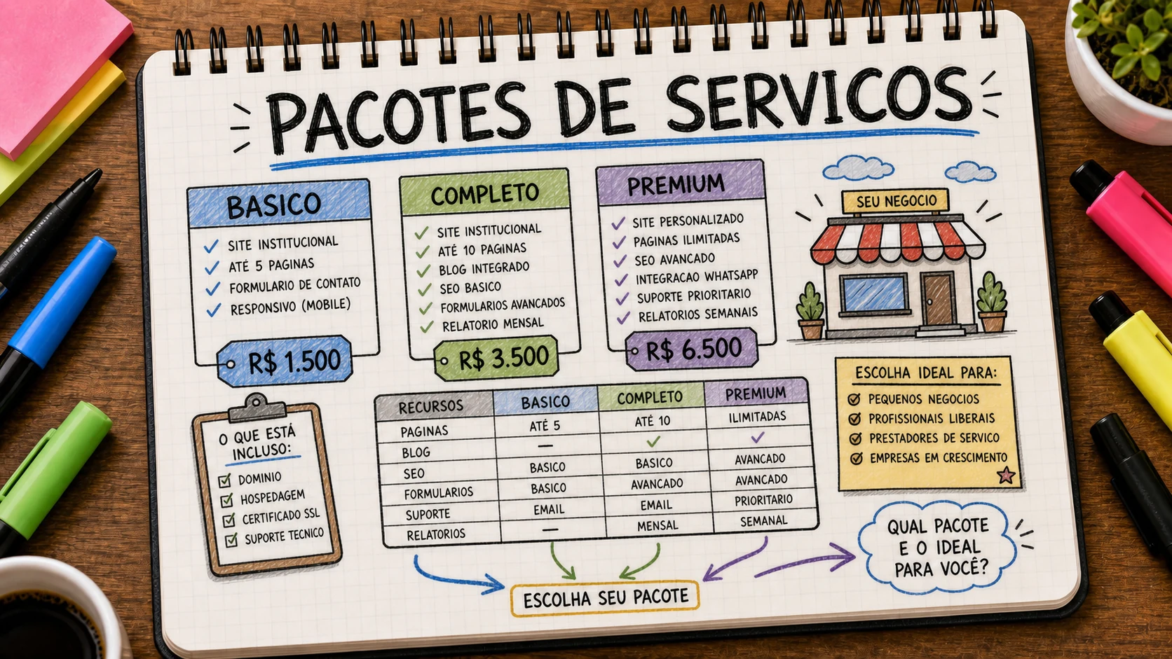 Pacotes de serviços organizados em opções simples para facilitar a compra
