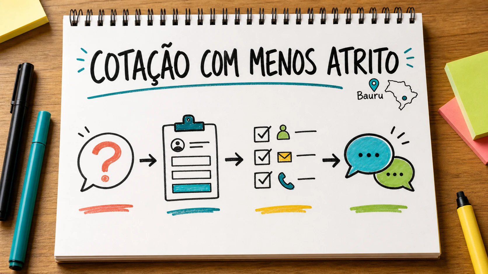 Caderno colorido com formulário claro para página de cotação de corretora