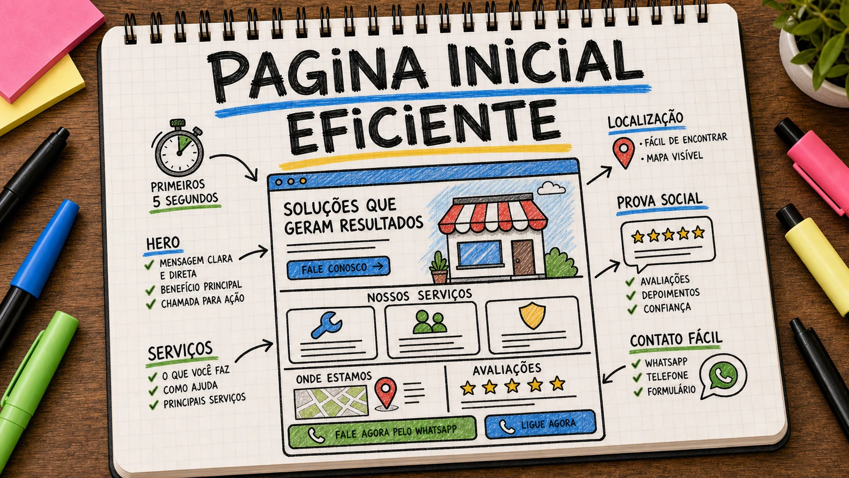 Página inicial eficiente com serviços, prova social e botão de contato local