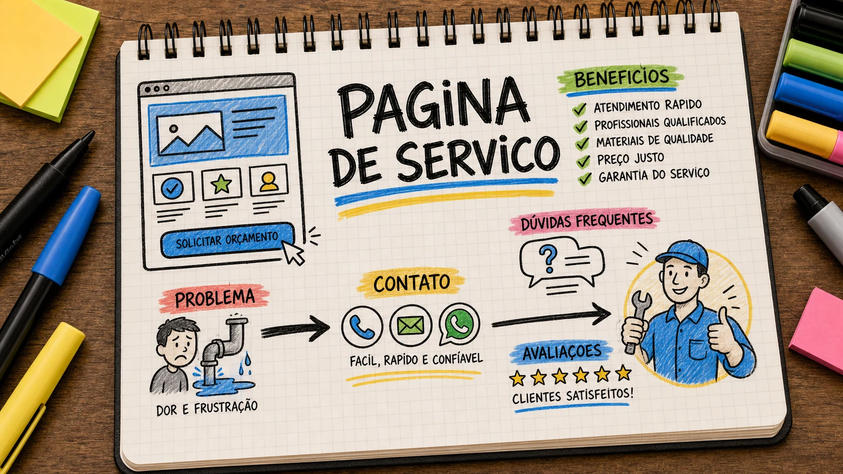 Página de serviço organizada para explicar solução, prova social e contato