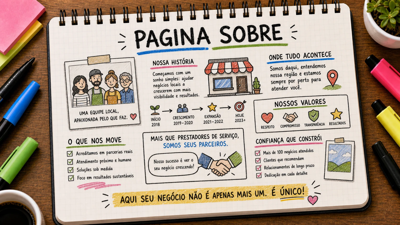 Página sobre com história objetiva, equipe, fotos reais e sinais de confiança