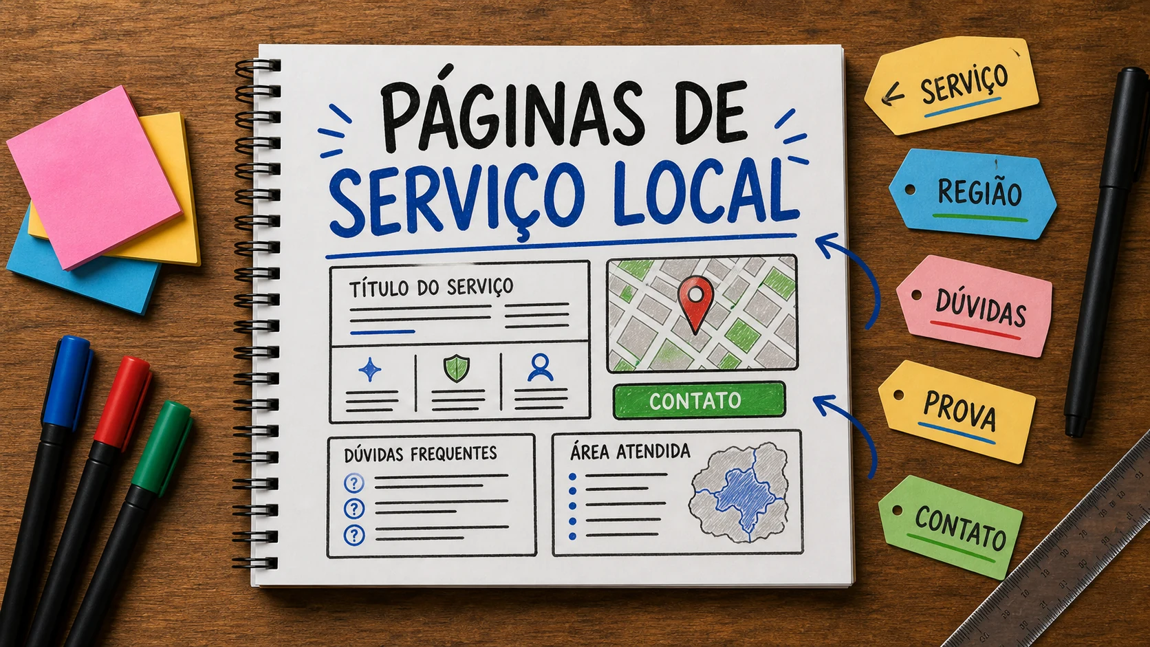 Caderno com páginas de serviço para busca local e WhatsApp