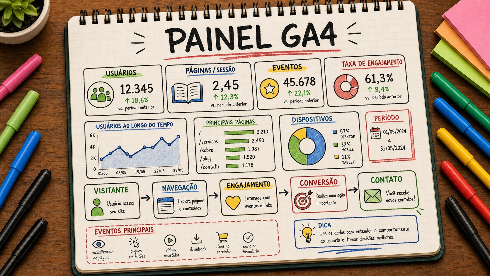 Painel do GA4 organizado para dono de negócio acompanhar contatos e origem