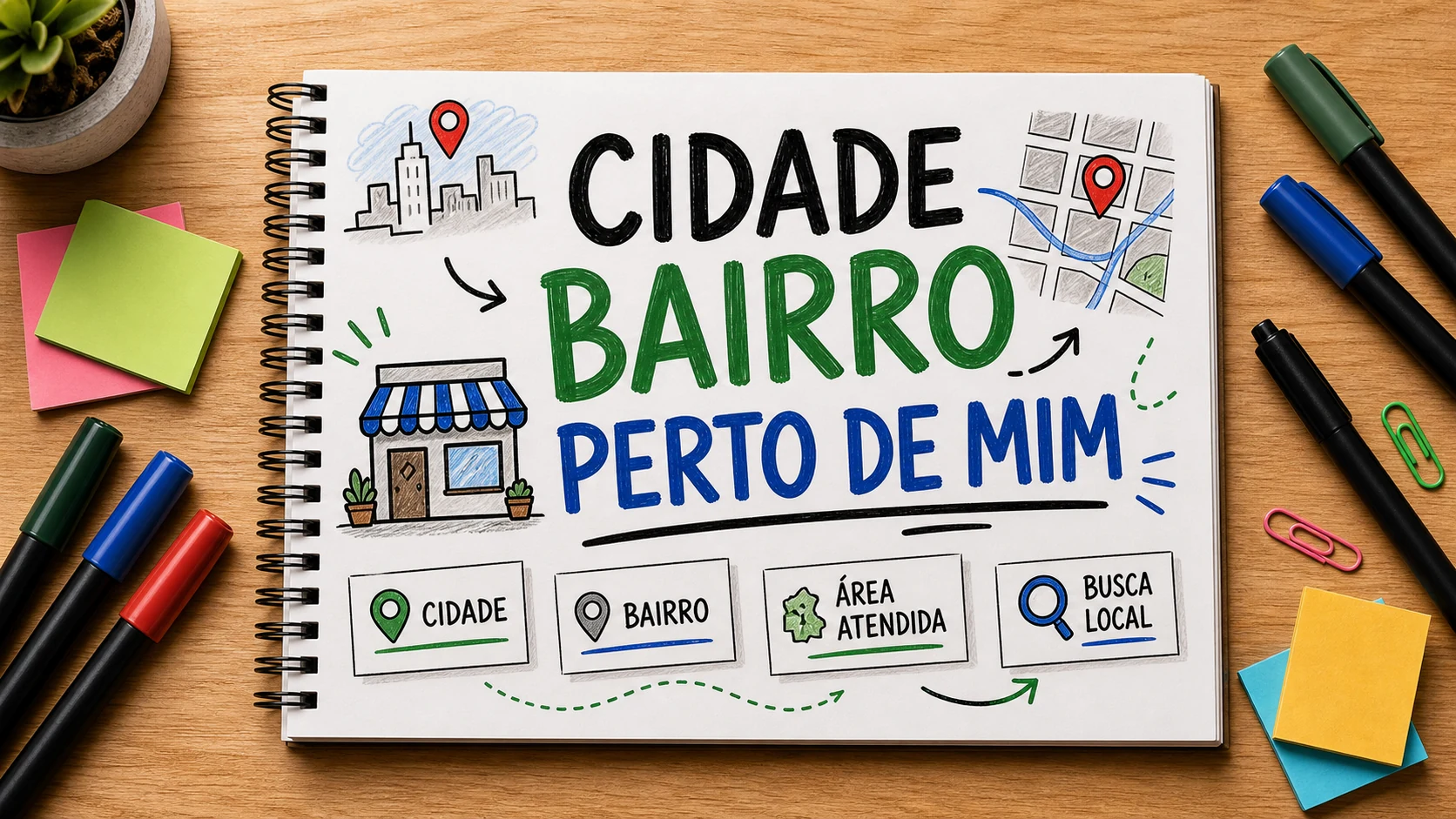 Caderno sobre palavras-chave com cidade e bairro no SEO local