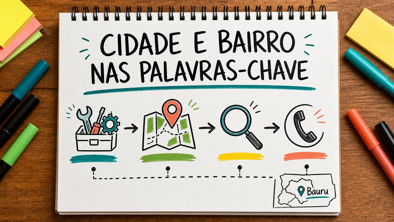 Caderno sobre palavras-chave com cidade e bairro no SEO local