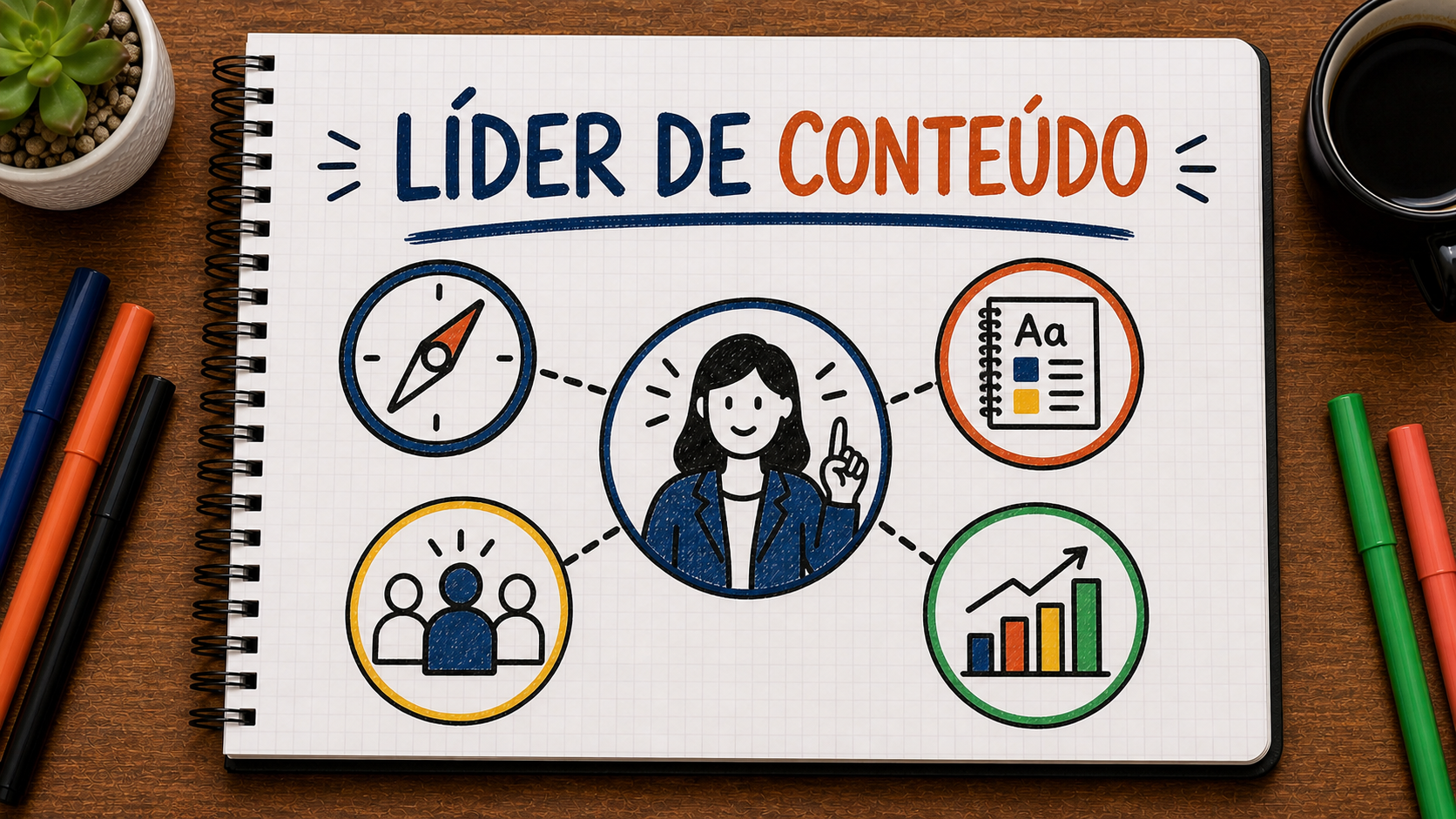 Caderno ilustrado sobre líder de conteúdo, mostrando direção, padrão, equipe, resultado
