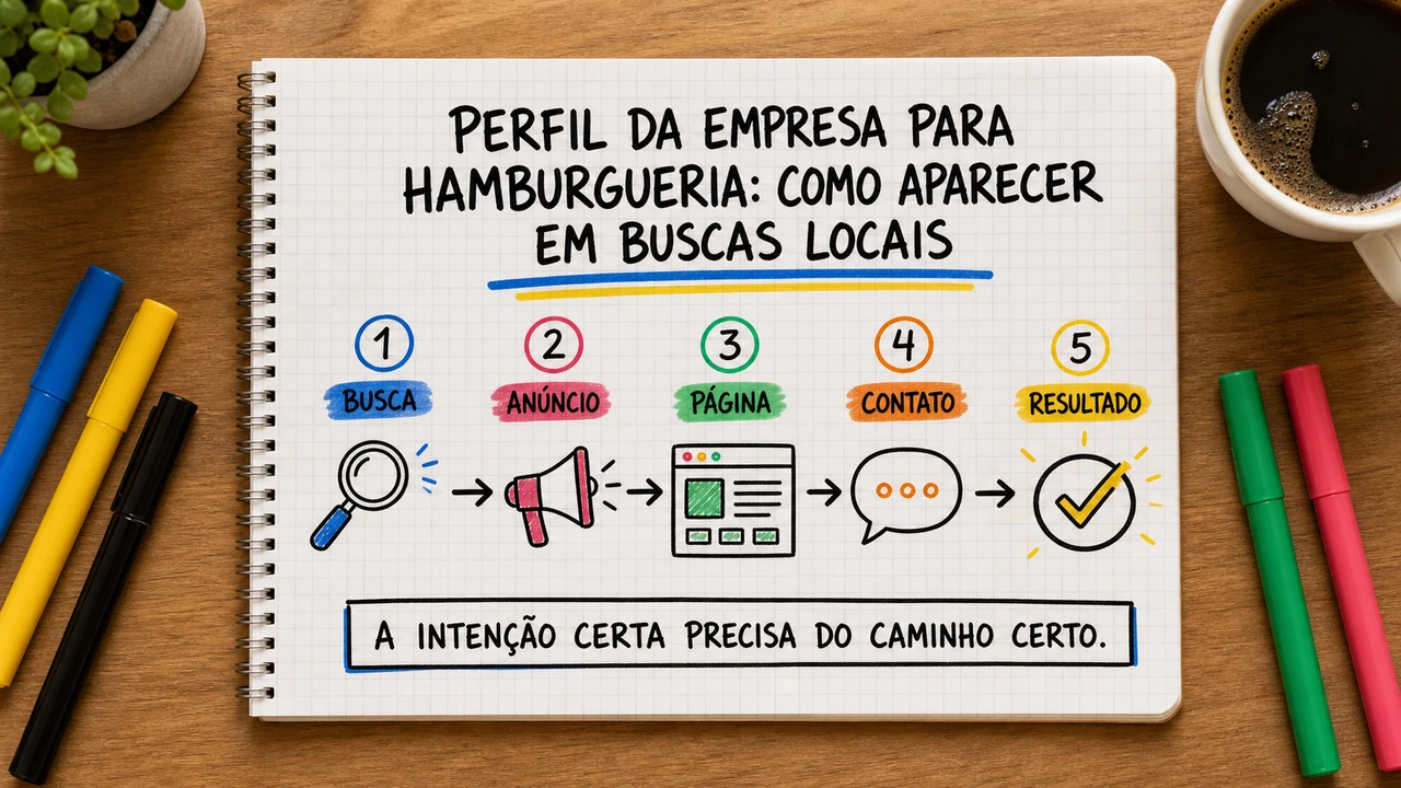 Composição editorial sobre perfil da empresa para hamburgueria conectando campanha, atendimento e resultado