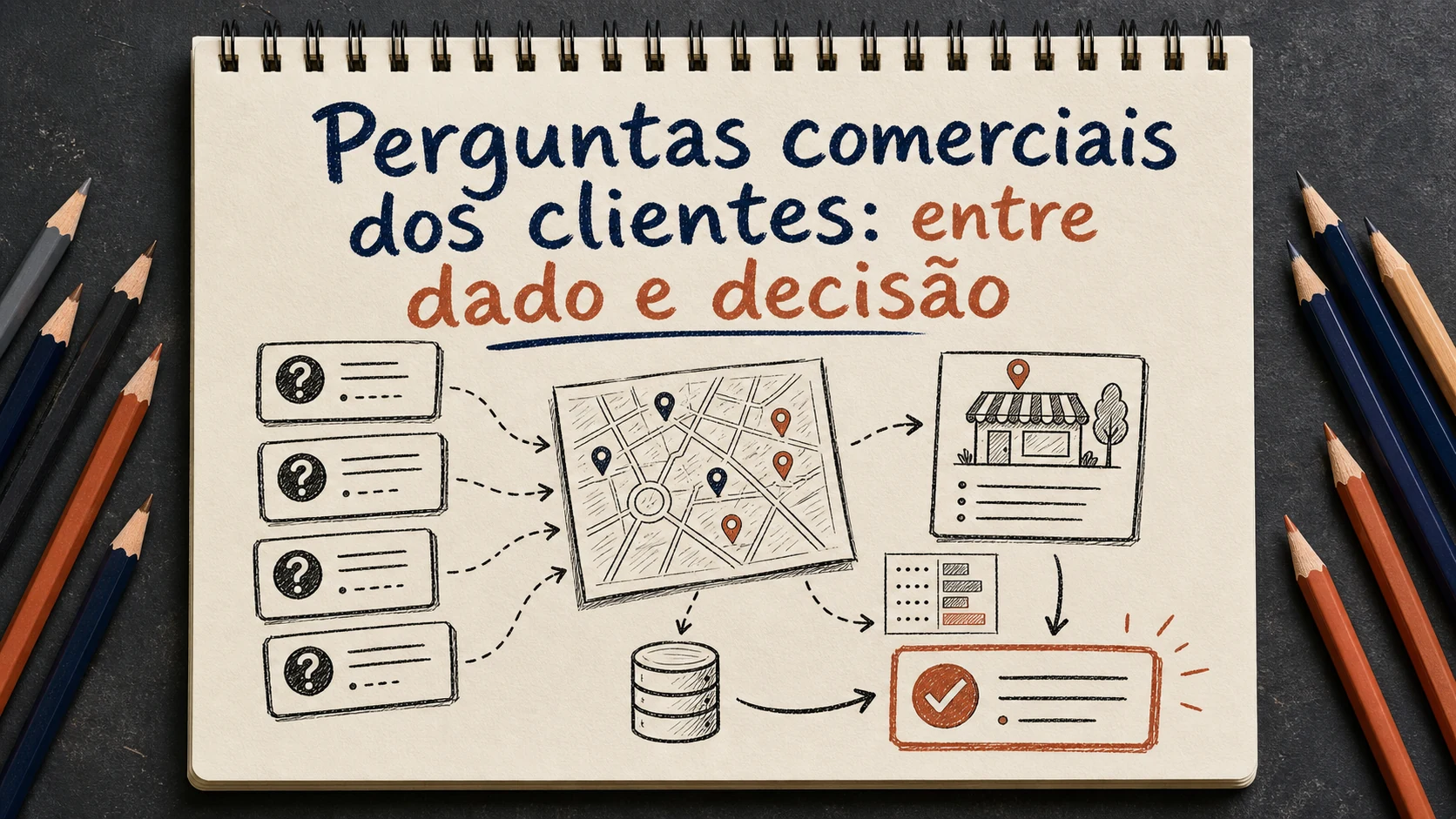 Perguntas comerciais dos clientes em uma cena editorial sobre diagnóstico, escolha e próximos passos.