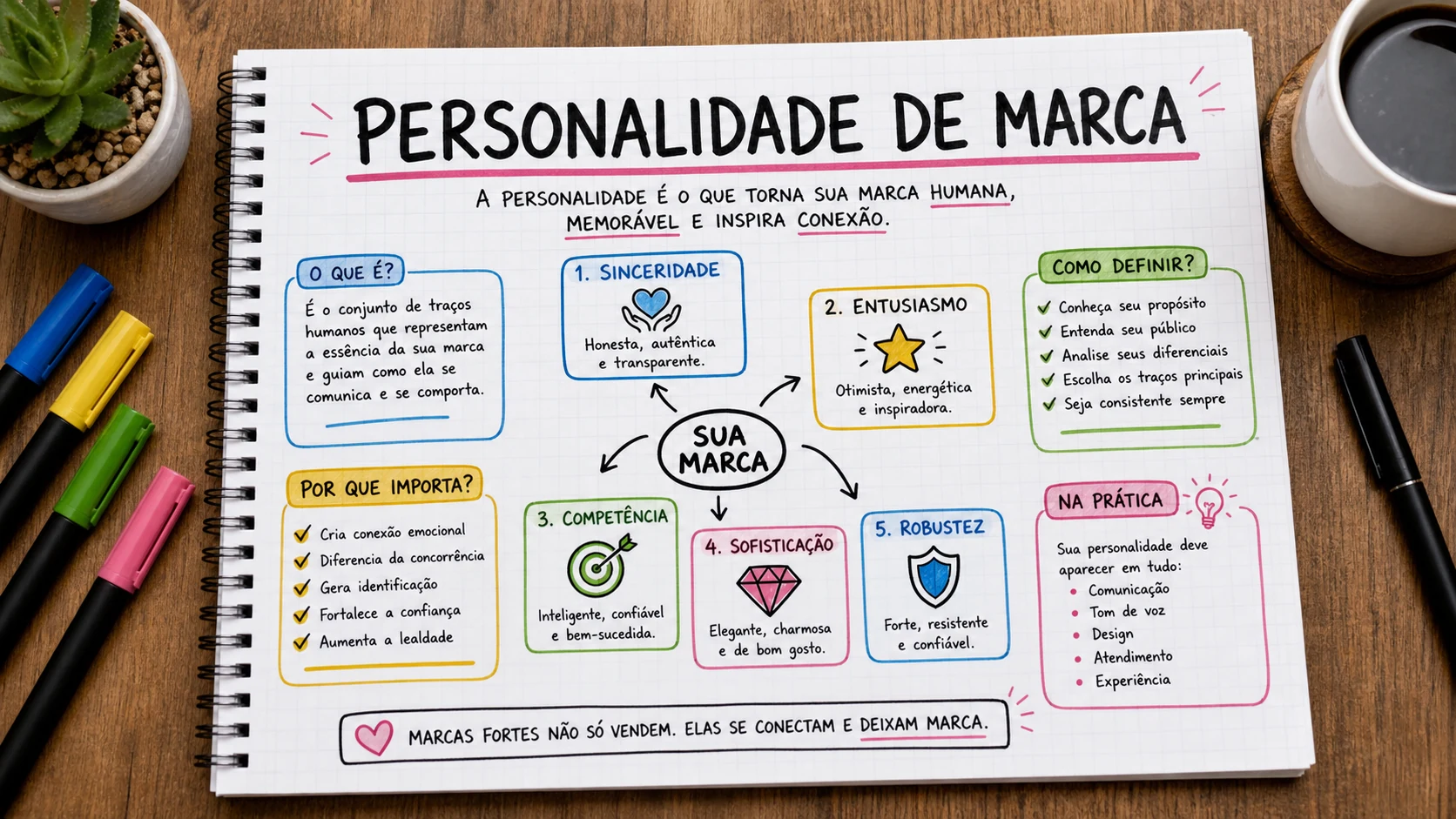 Personalidade de marca Aaker em uma cena editorial sobre decisão, mensagem e comportamento de compra.